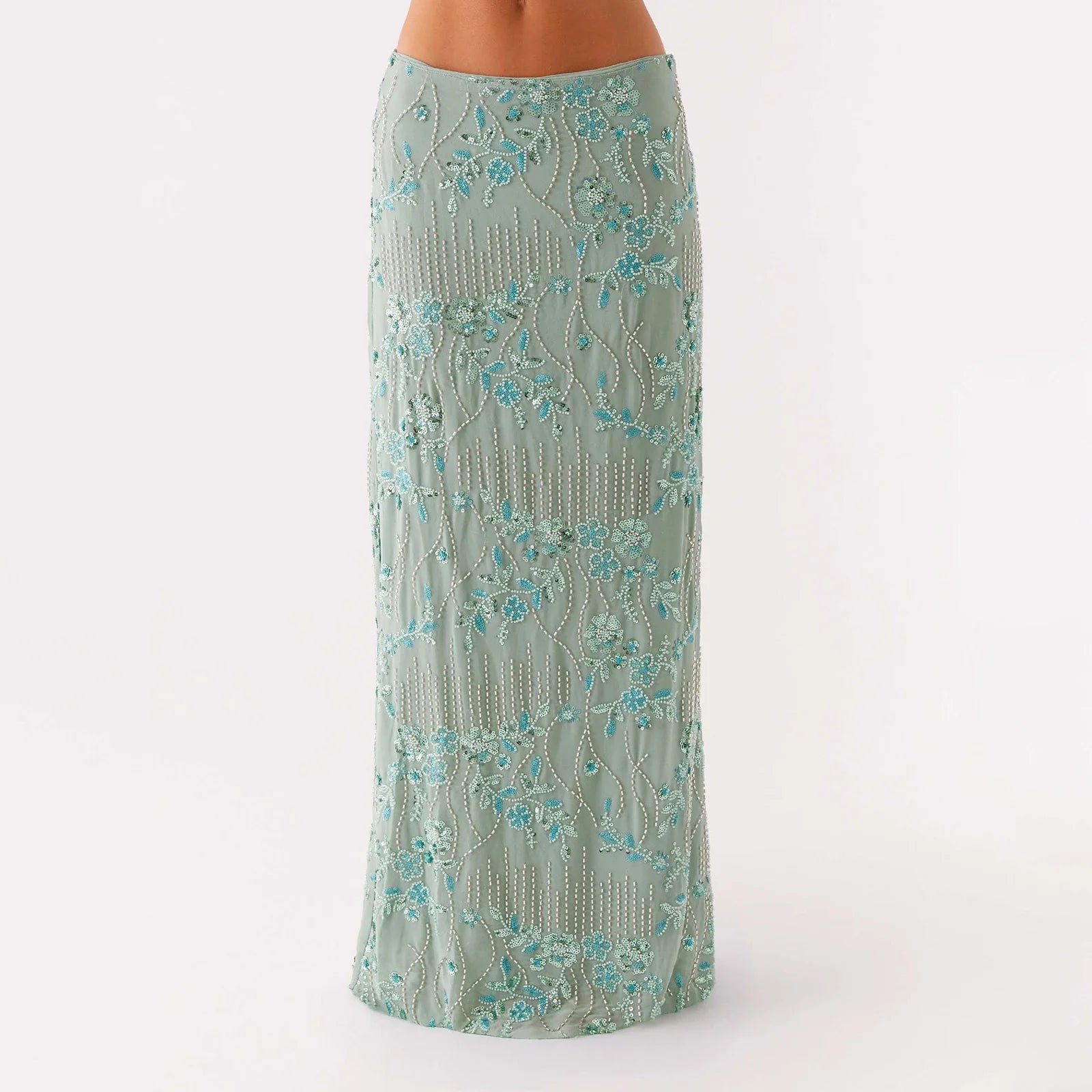Elegant Beading Sequined Long Skirt for Women Summer Casual Floral Embroidery Maxi Straight Skirts for Beach Club Streetwear