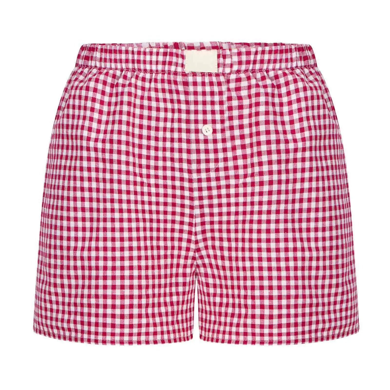 Teen Girls Plaid Shorts Elastic Waistband Pull-On Casual Lounge Summer Outfit Red Blue Color Women's Fashion