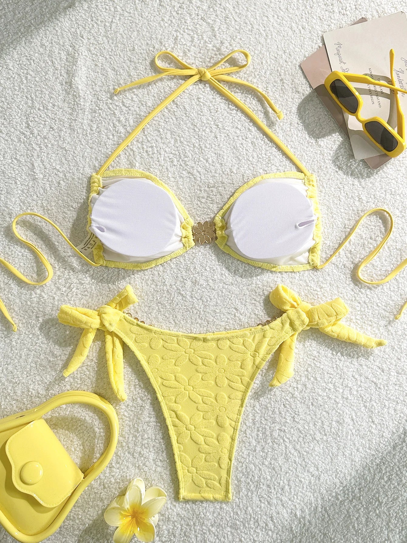 Sexy Yellow Bikini Set 2026 Women 3D Flower Pleate Push Up Bra Tie Side Thong Swimsuit Beach Holiday Bathing Suit Micro Swimwear