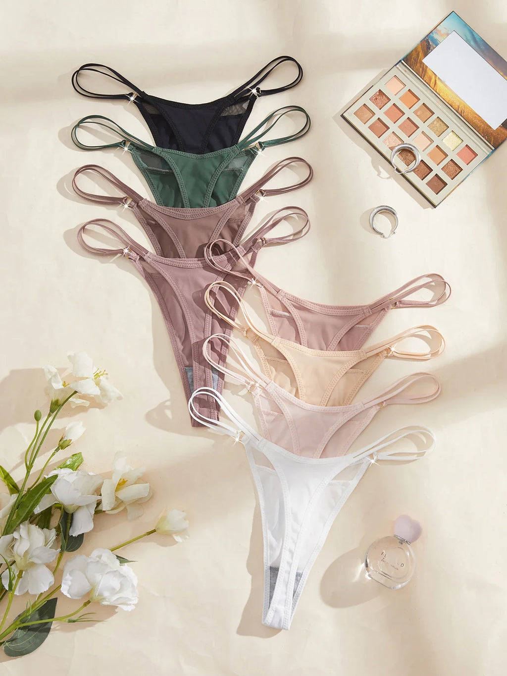 8PCS Women's Panties Solid Mesh Low Rise Underwear Thin Female Thong Sexy Lingerie