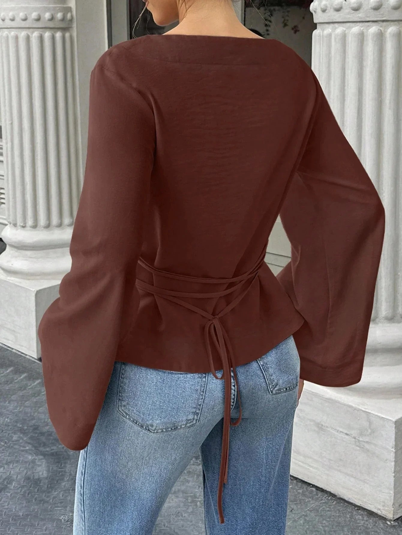 Women's Casual Solid Color Boat Neck Flare Sleeve T-Shirt Elegant Back Tie Slim Fit Long Sleeve Tops Spring/Fall