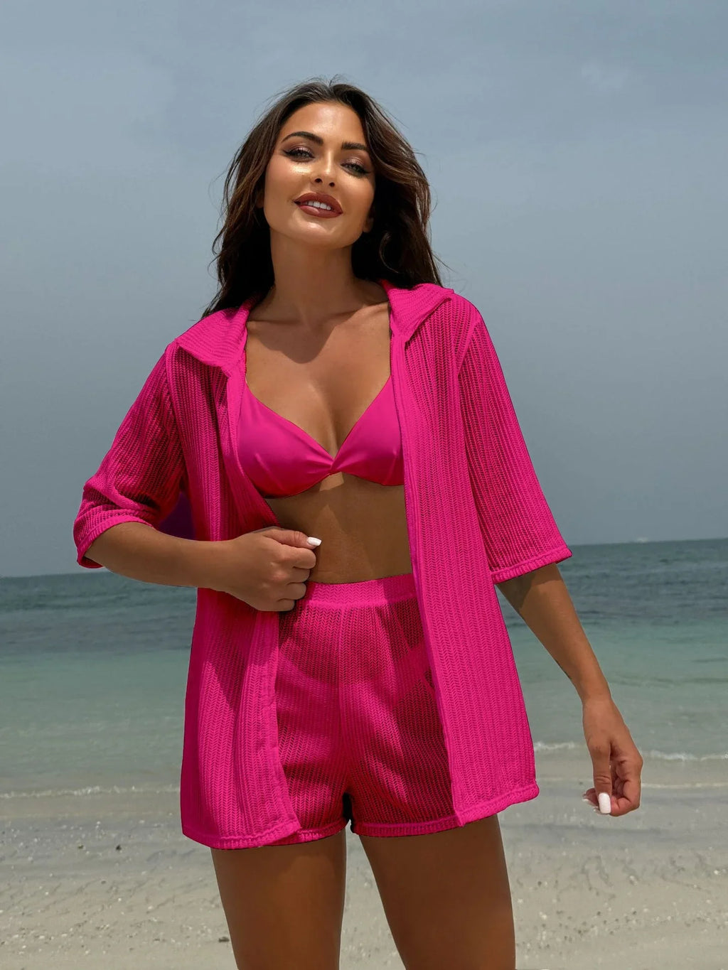 Summer 4 Piece Bikinis Sets Women Black White Mesh Half Sleeve Cover Up with High Waist Panties Swimsuit Bathing Suit Swimwear