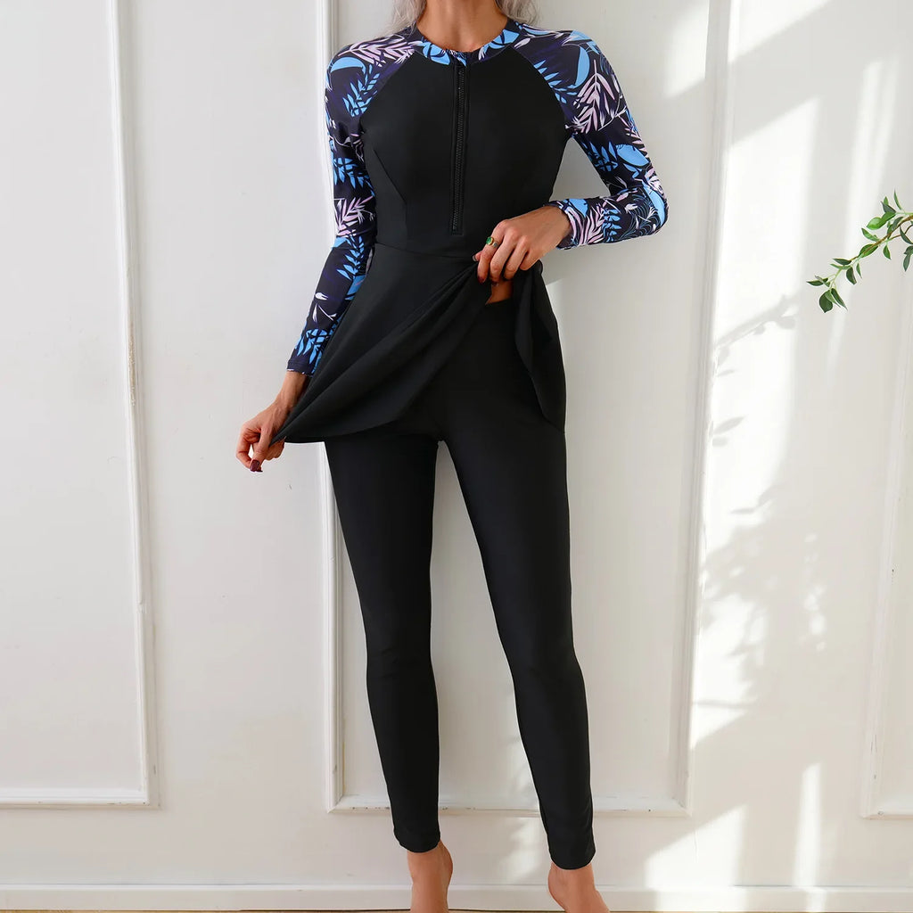 Muslim Swimwear Burkini Sets for Women Black Floral Print Zipper Long Sleeve Top Long Panties Sports Swimsuit Bathing Suit