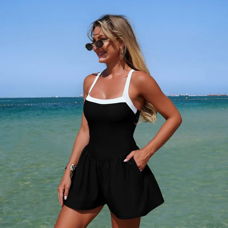Vintage Black Patchwork Skirt One Piece Swimsuit 2026 Women Back Bandage Cross Pocket Swimwear Beach Bathing Suit Slim Monokini