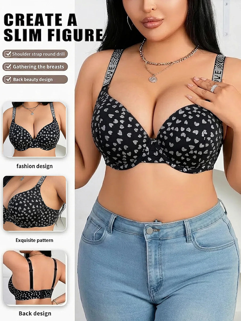 Women's Plus Size Push Up Bra Rhinestone Wide Shoulder Strap Underwear Comfortable Side-Breast-Enhancing Underwire Bra