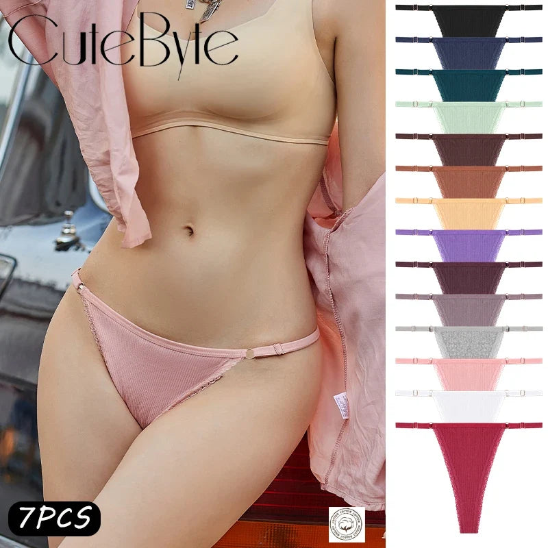 7Pcs Cotton Lace Panties Sexy G-String Women's Underwear Low Waist Comfortable Lingerie Briefs Adjustable Waist Thong Intimates