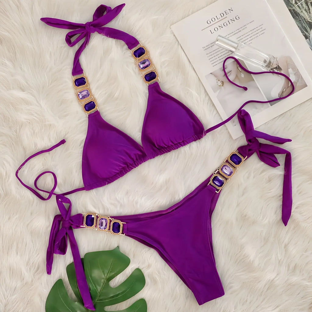 Sexy Rhinestone Bikini Set Women 2026 Luxury Pink Crystal Diamond Push Up Bandage Thong Swimsuit Beach Bathing Suit Swimwear