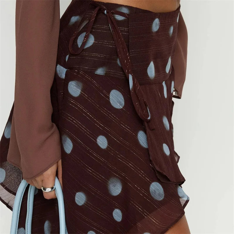 Women Polka Dot Mini Skirt See Through Mesh Sheer Ladies Aesthetic Y2K Clothes High Waist Sweet Midi Boho Skirt Streetwear