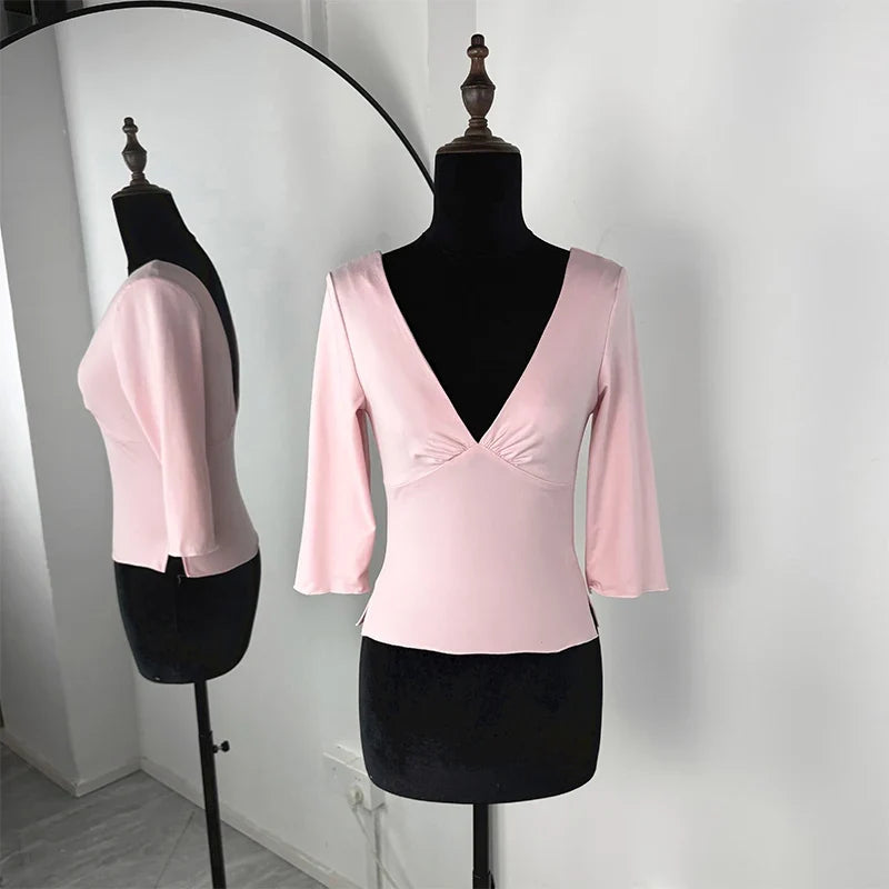 Trendix V Neck Slim Long Sleeve Tops Women 2026 Spring Casual Vintage Bodycon Pullover Top Party Retro Office Basic Backless Top