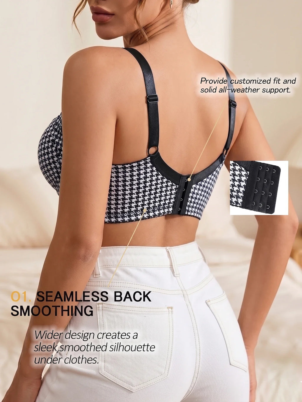 Women's Plaid Push-Up Bra Wide Straps Seamless Smoothing Underwear Underwire Side Support Adjustable Bra for Daily Wear