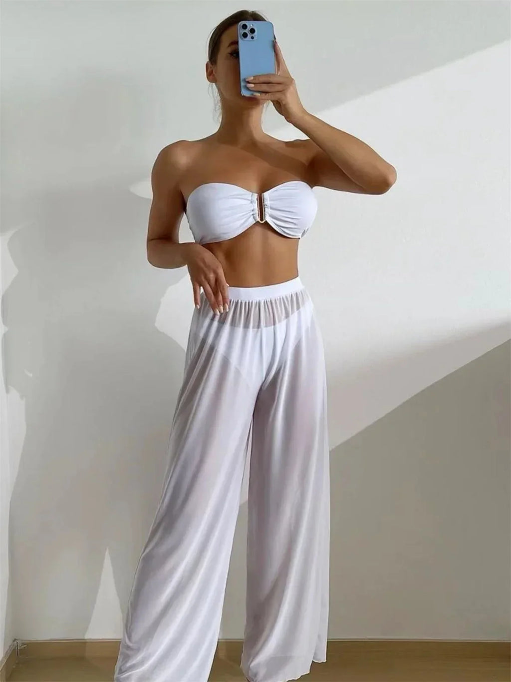 Bandeau Bikini 2024 Women Sexy White Cut Out V Bra Mesh Long Panties 3 Piece Swimsuit Beach Bathing Suit High Waist Swimwear