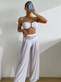 Bandeau Bikini 2024 Women Sexy White Cut Out V Bra Mesh Long Panties 3 Piece Swimsuit Beach Bathing Suit High Waist Swimwear