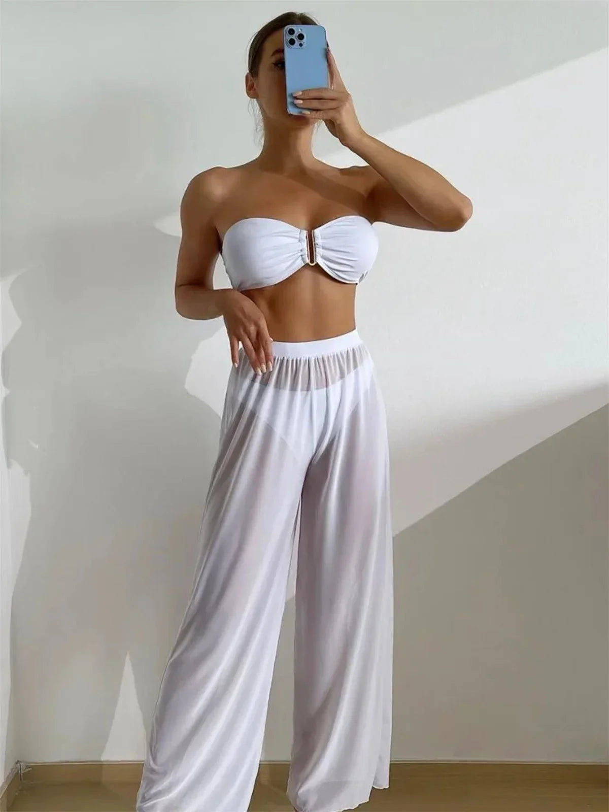 Bandeau Bikini 2024 Women Sexy White Cut Out V Bra Mesh Long Panties 3 Piece Swimsuit Beach Bathing Suit High Waist Swimwear