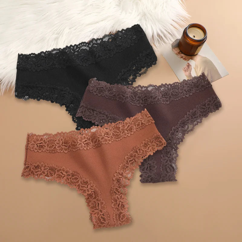 3Pcs Sexy Women Cotton Brazilian Pants Lace Brazilian Briefs Low Waist Floral Solid Color G-string Breathable Soft Lingerie