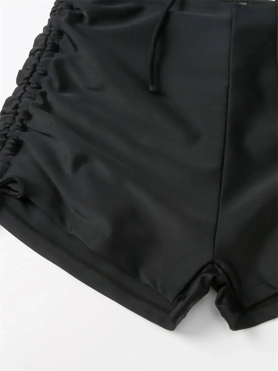 Sexy Drawstring Bikini Set 2026 Women Green Black Short Sleeve Two Piece Swimsuit Summer Bathing Suit Pleate High Waist Swimwear