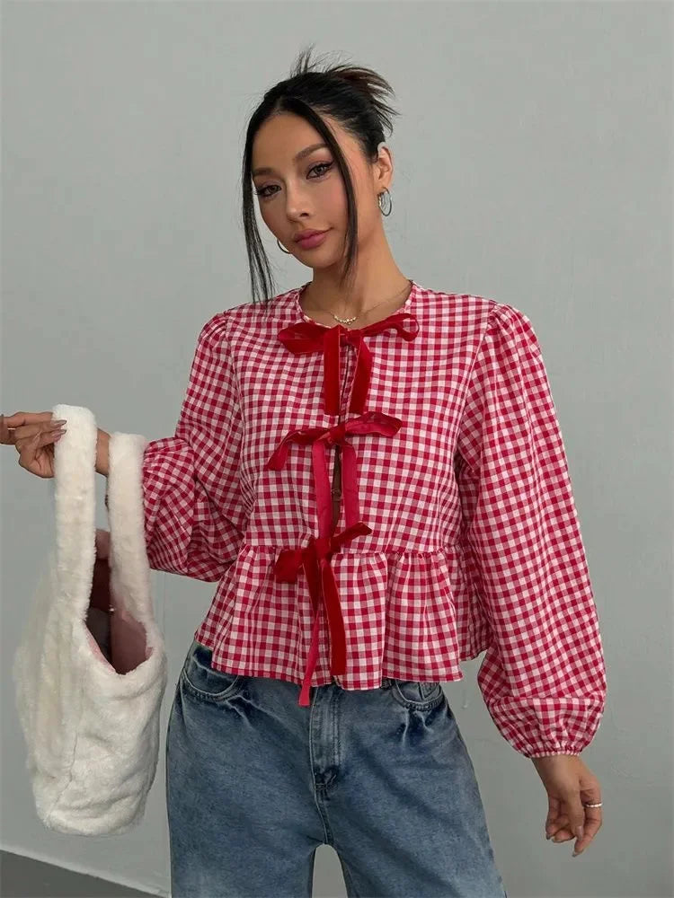 Plaid Lantern Long Sleeve Blouse for Women Spring Autumn Y2K Clothes Sweet Style Loose Knot Front Round Neck Top Streetweawr