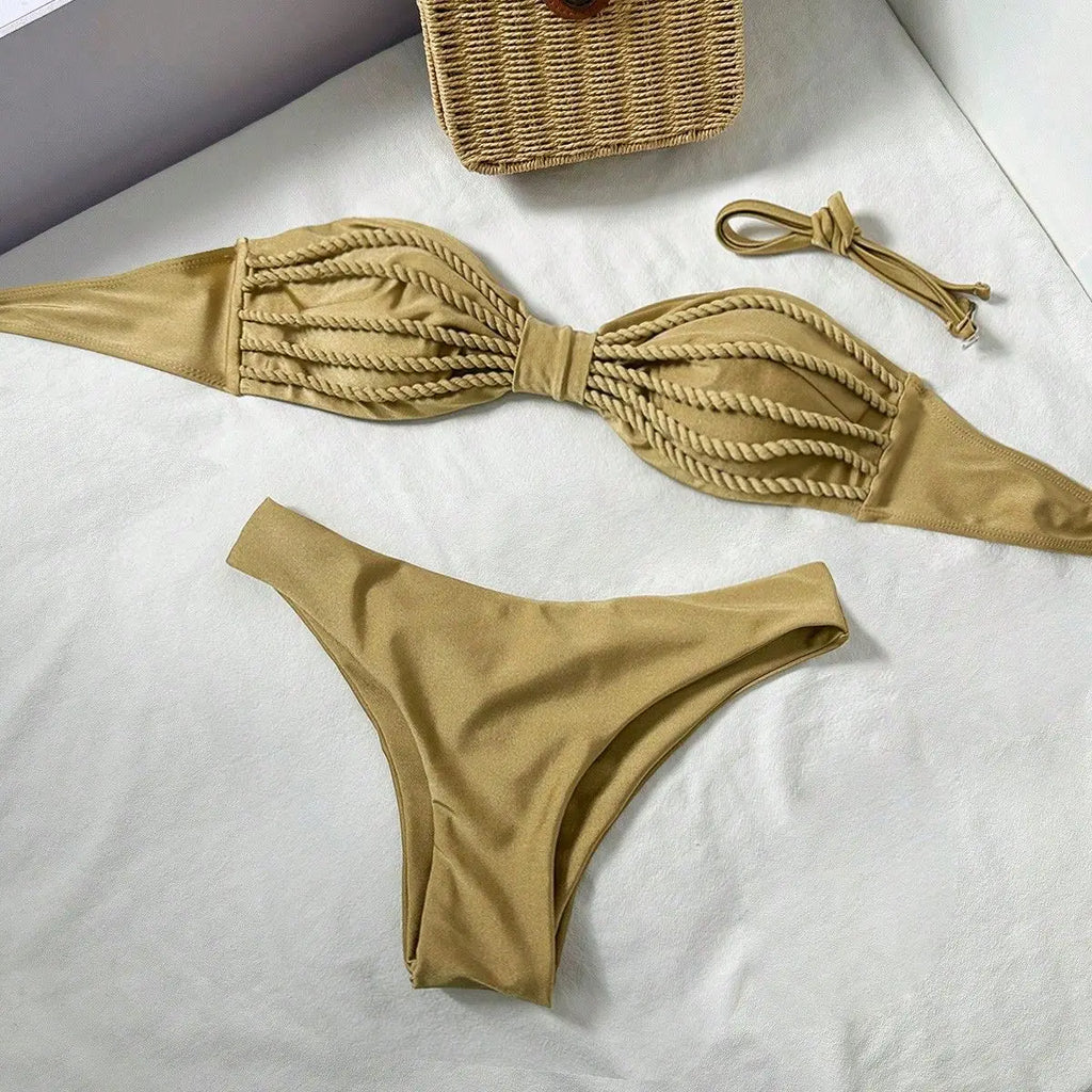 Sexy Bandeau Bikini 2026 Women Coffee Braiding Rope Pleate Tie Push Up High Waist Swimsuit Beach Holiday Bathing Suit Swimwear