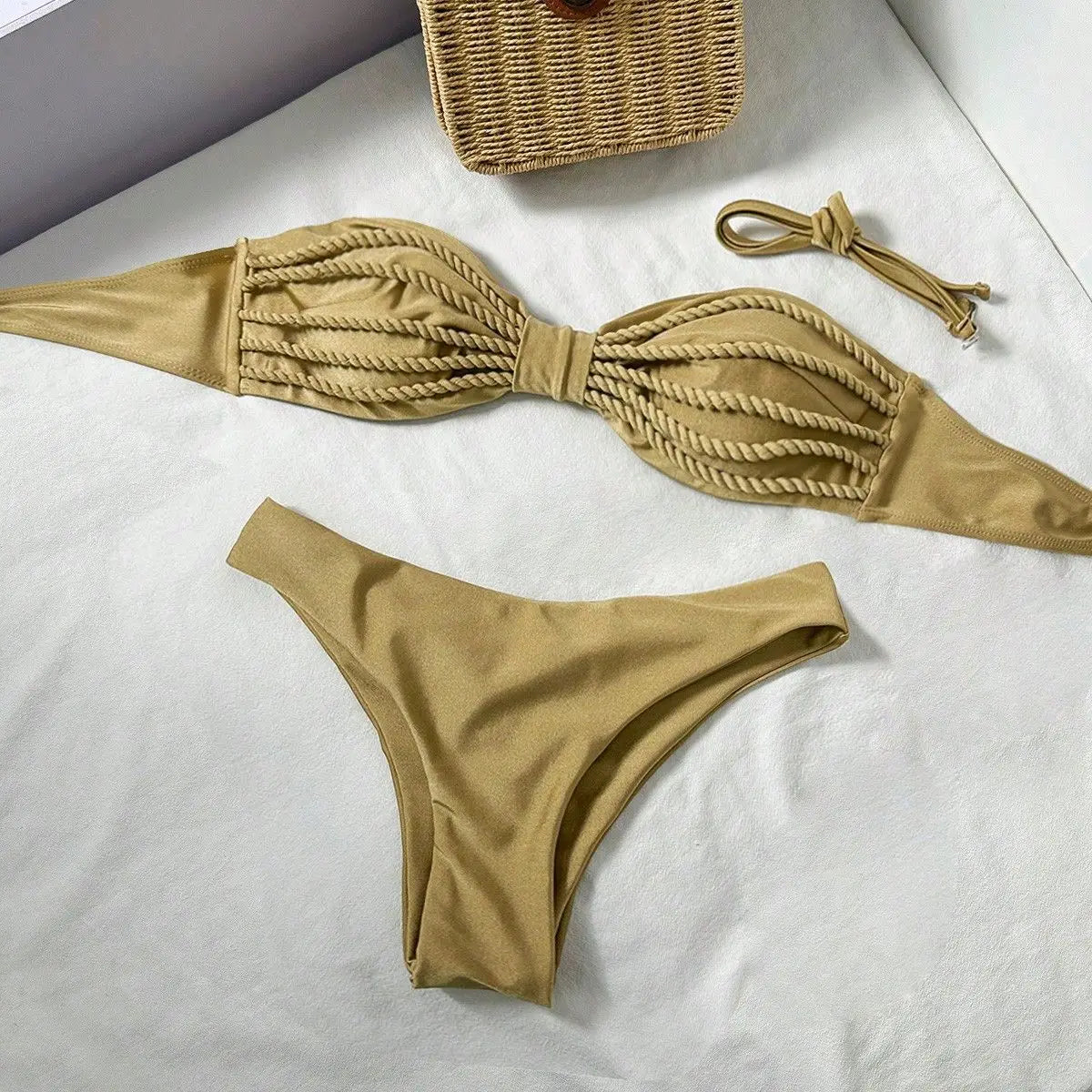 Sexy Bandeau Bikini 2026 Women Coffee Braiding Rope Pleate Tie Push Up High Waist Swimsuit Beach Holiday Bathing Suit Swimwear