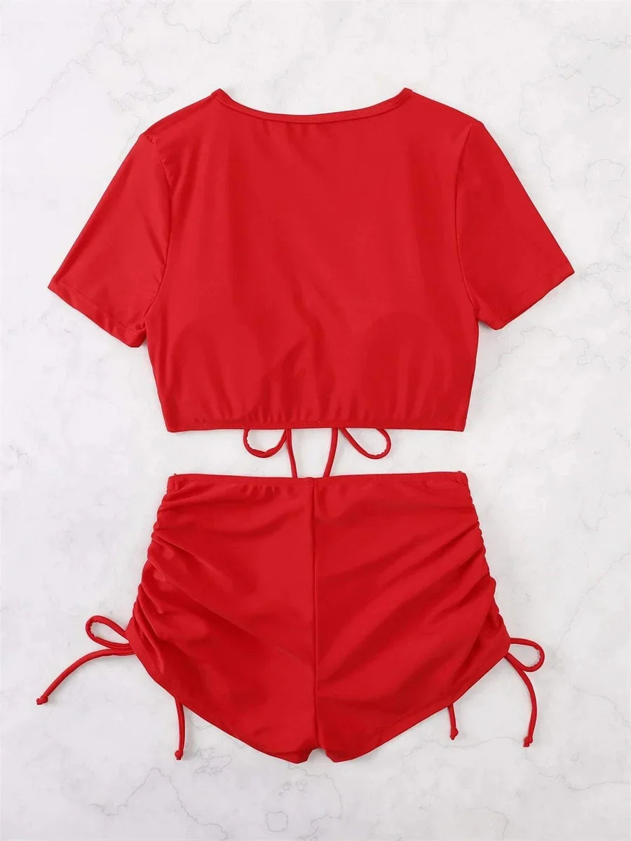 Sexy Drawstring Bikini Set 2026 Women Green Black Short Sleeve Two Piece Swimsuit Summer Bathing Suit Pleate High Waist Swimwear