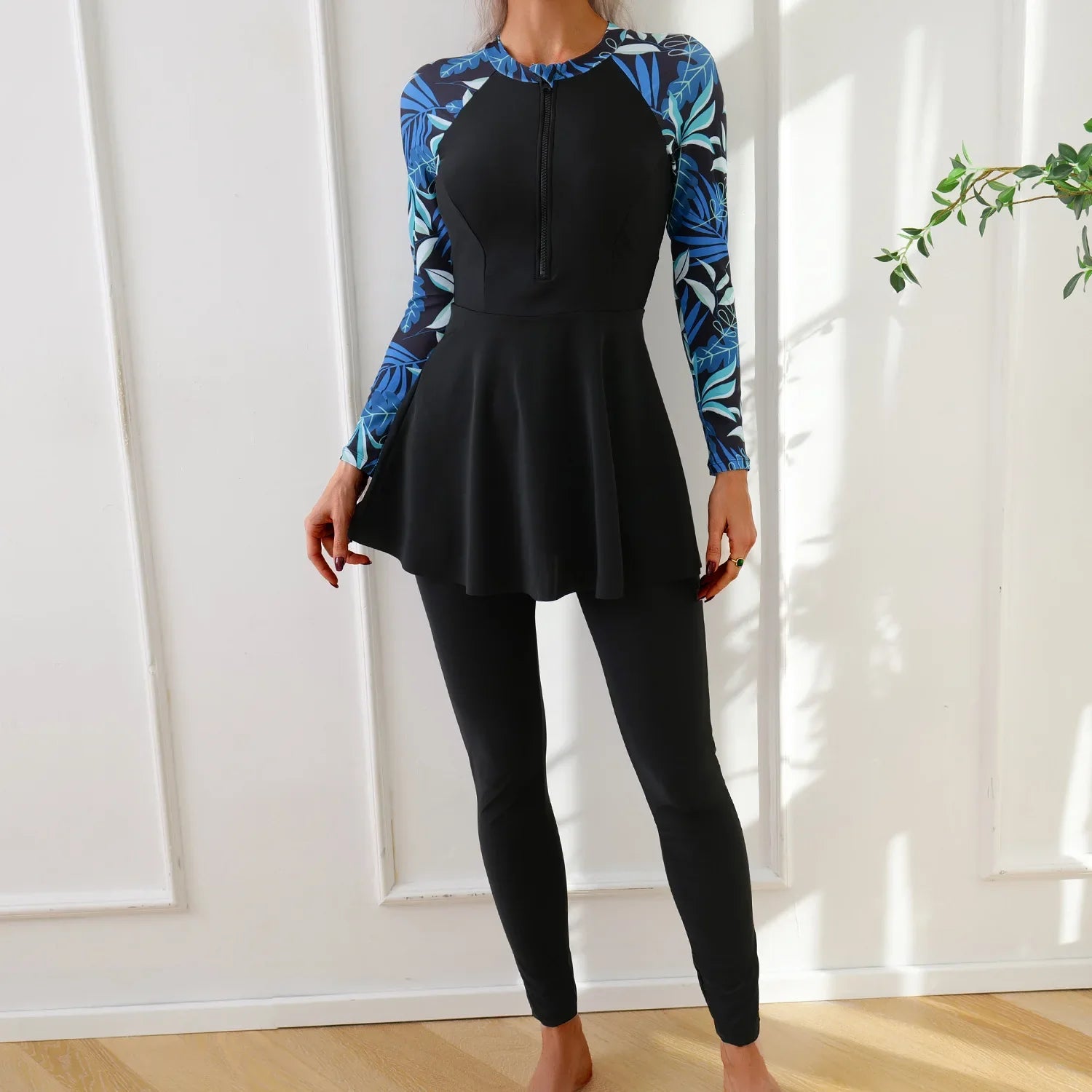 Muslim Swimwear Burkini Sets for Women Black Floral Print Zipper Long Sleeve Top Long Panties Sports Swimsuit Bathing Suit