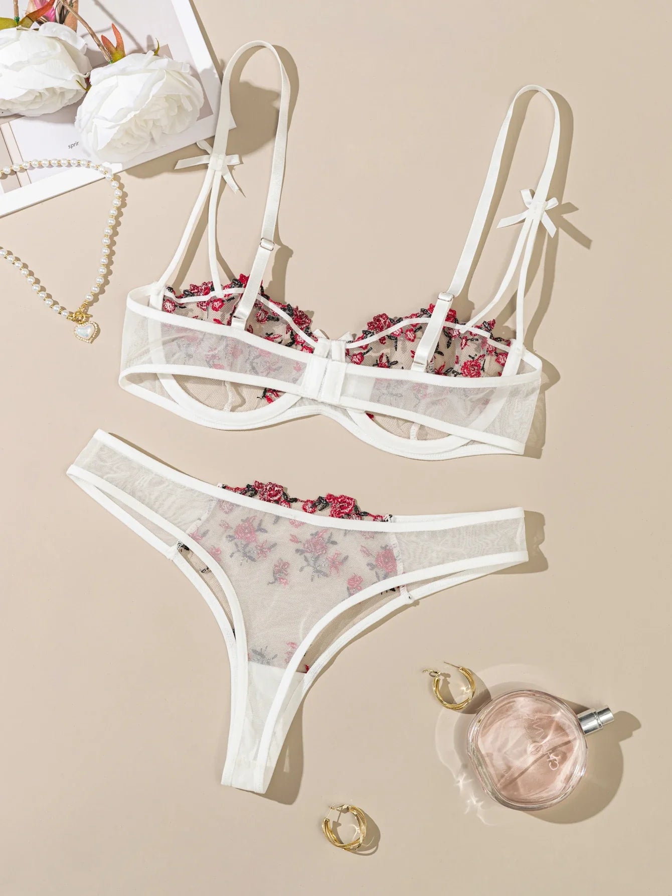 Night Beautiful Sexy Women 2 Piece floral Embroidery Underwear Sexy Erotic lingerie underwear Set
