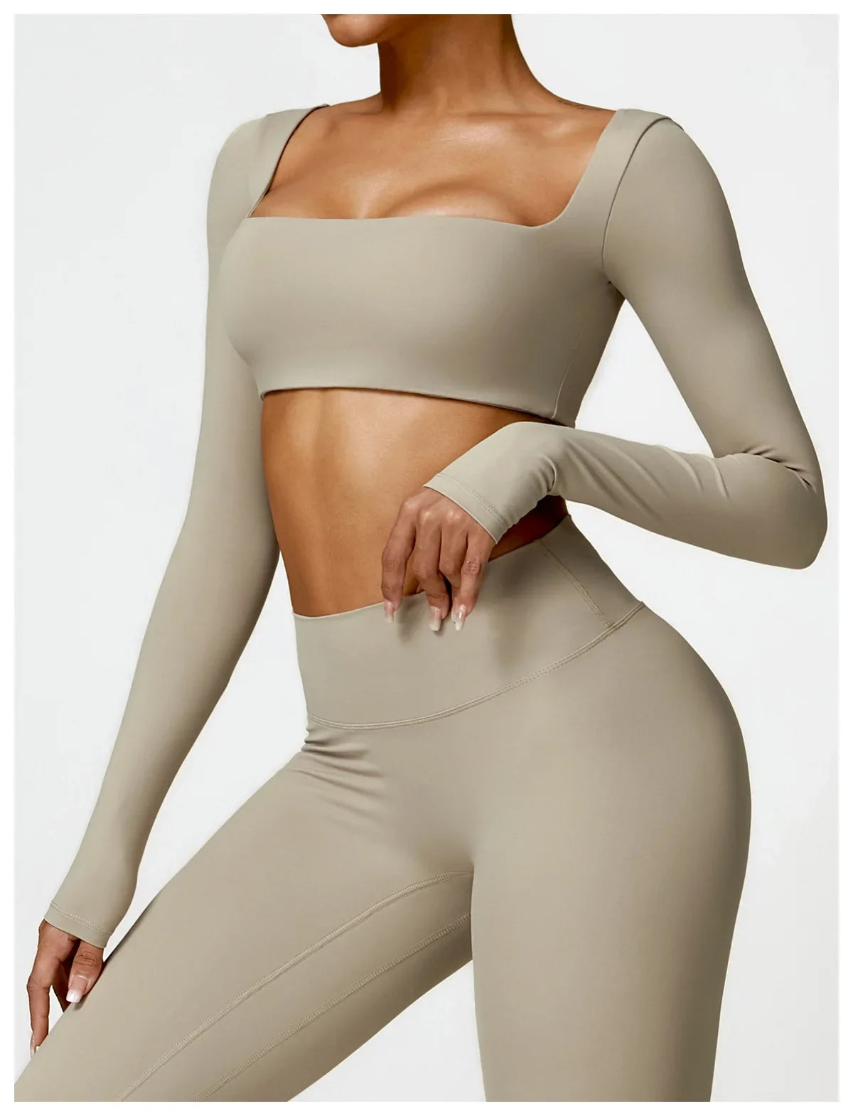 Hearuisavy Summer Casual Quick Dry Sportswear Women Square Neck Gym Top Women Fitness Sports Crop Top Long Sleeve Yoga Clothing