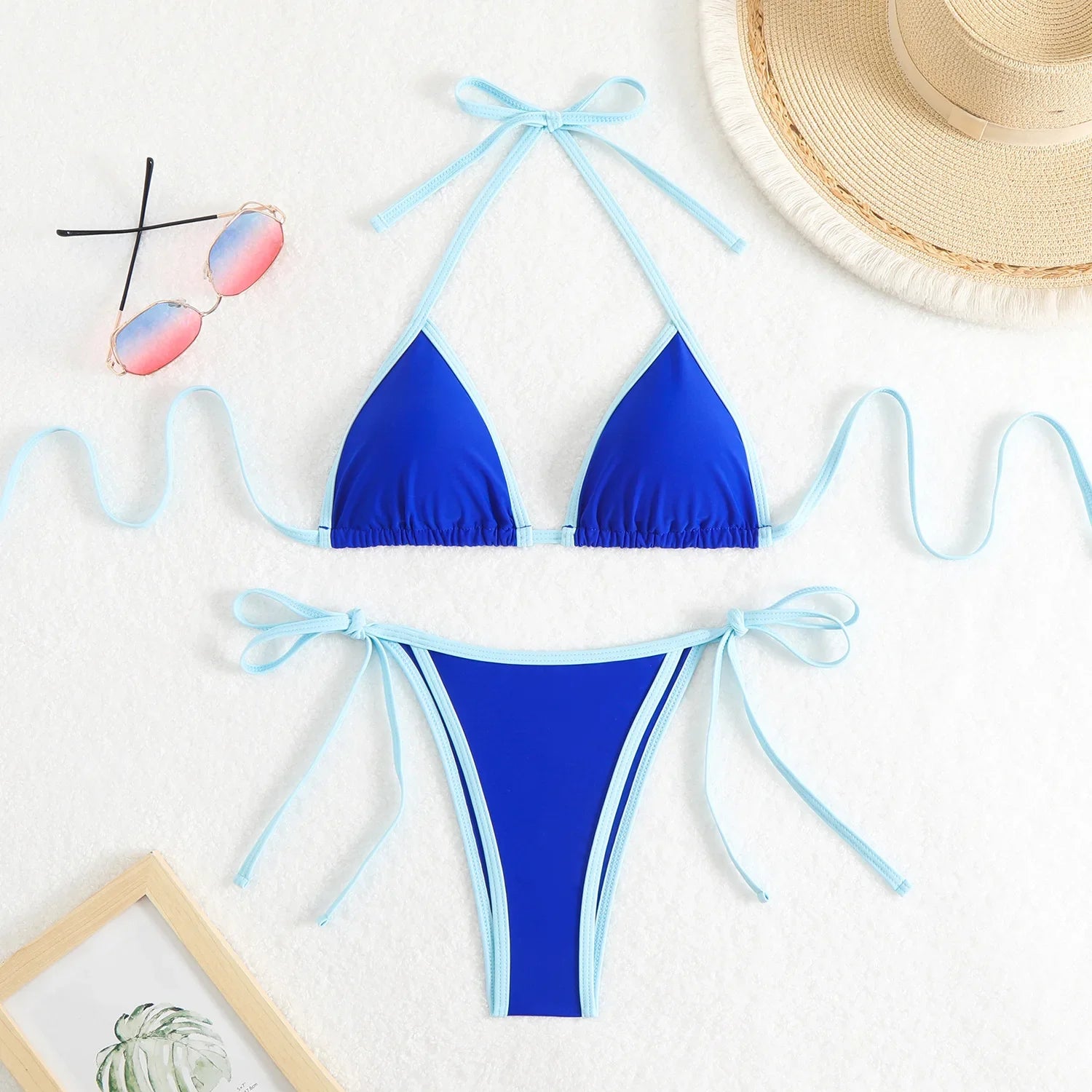 Sexy Micro Bikini 2025 Women Pink Blue Contrast Push Up Tie Side Thong Swimsuit Brazilian Beach Bandage Bathing Suit Swimwear