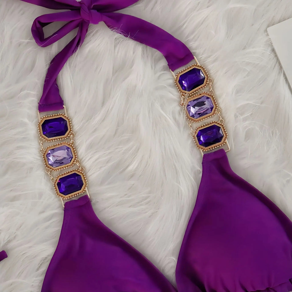 Sexy Rhinestone Bikini Set Women 2026 Luxury Pink Crystal Diamond Push Up Bandage Thong Swimsuit Beach Bathing Suit Swimwear