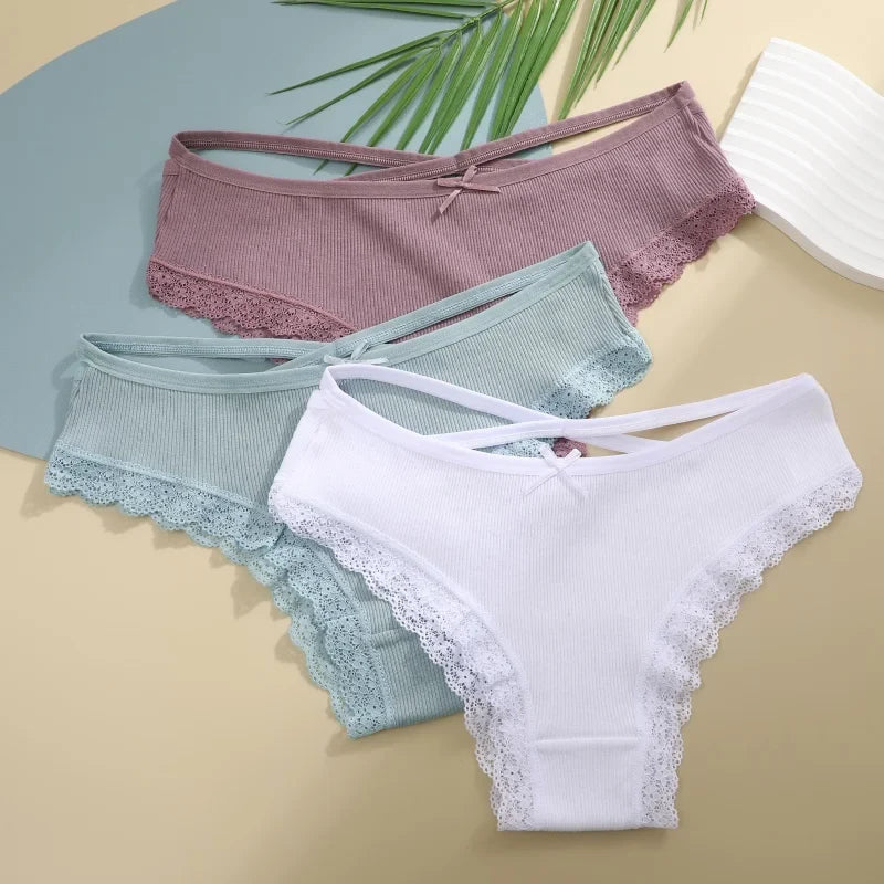 3PCS/Set Women Cotton Panties Low Waist Sexy Lace Brazilian Briefs Female Cross Webbing Underpants Soft Breathable Lingerie S-XL