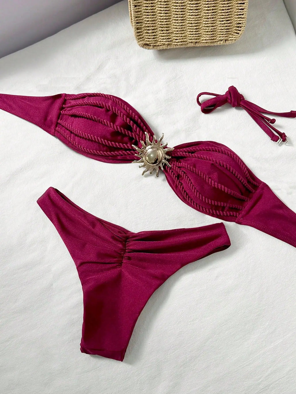 Sexy Bandeau Bikini 2026 Women Coffee Braiding Rope Pleate Tie Push Up High Waist Swimsuit Beach Holiday Bathing Suit Swimwear