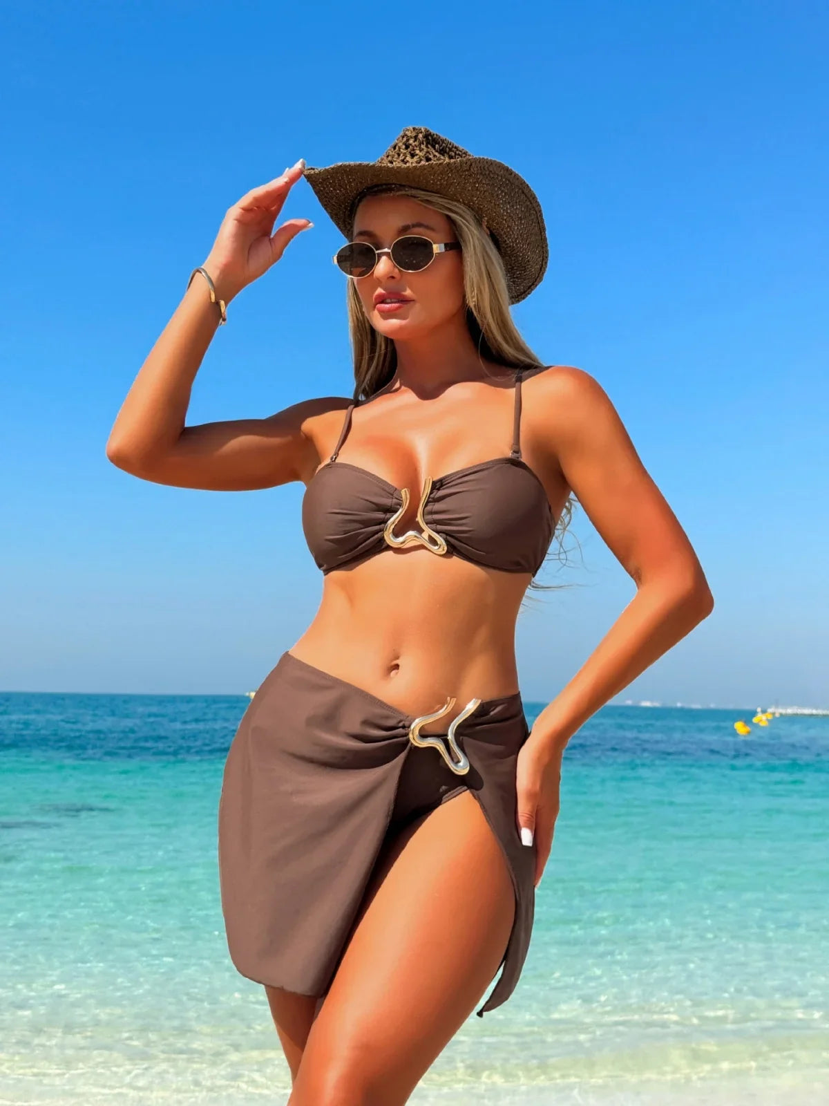 Sexy Detachable Shoulder Bikini Set Women Brown Metal Push Up High Waist Swimsuit 2026 Beach Bathing Suit Skirt 3 Piece Swimwear