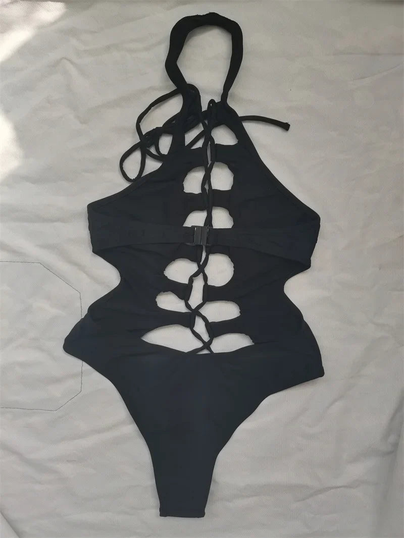 Hollow Out Swimwear Women 2025 High Neck Solid Black Cut Out Backless Monokini Bandage Bathing Suit Holiday One Piece Swimsuit