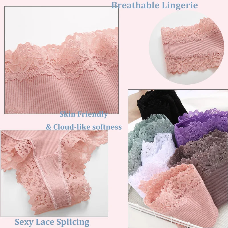 3Pcs Sexy Women Cotton Brazilian Pants Lace Brazilian Briefs Low Waist Floral Solid Color G-string Breathable Soft Lingerie
