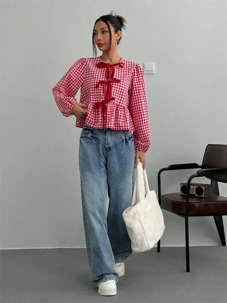 Plaid Lantern Long Sleeve Blouse for Women Spring Autumn Y2K Clothes Sweet Style Loose Knot Front Round Neck Top Streetweawr