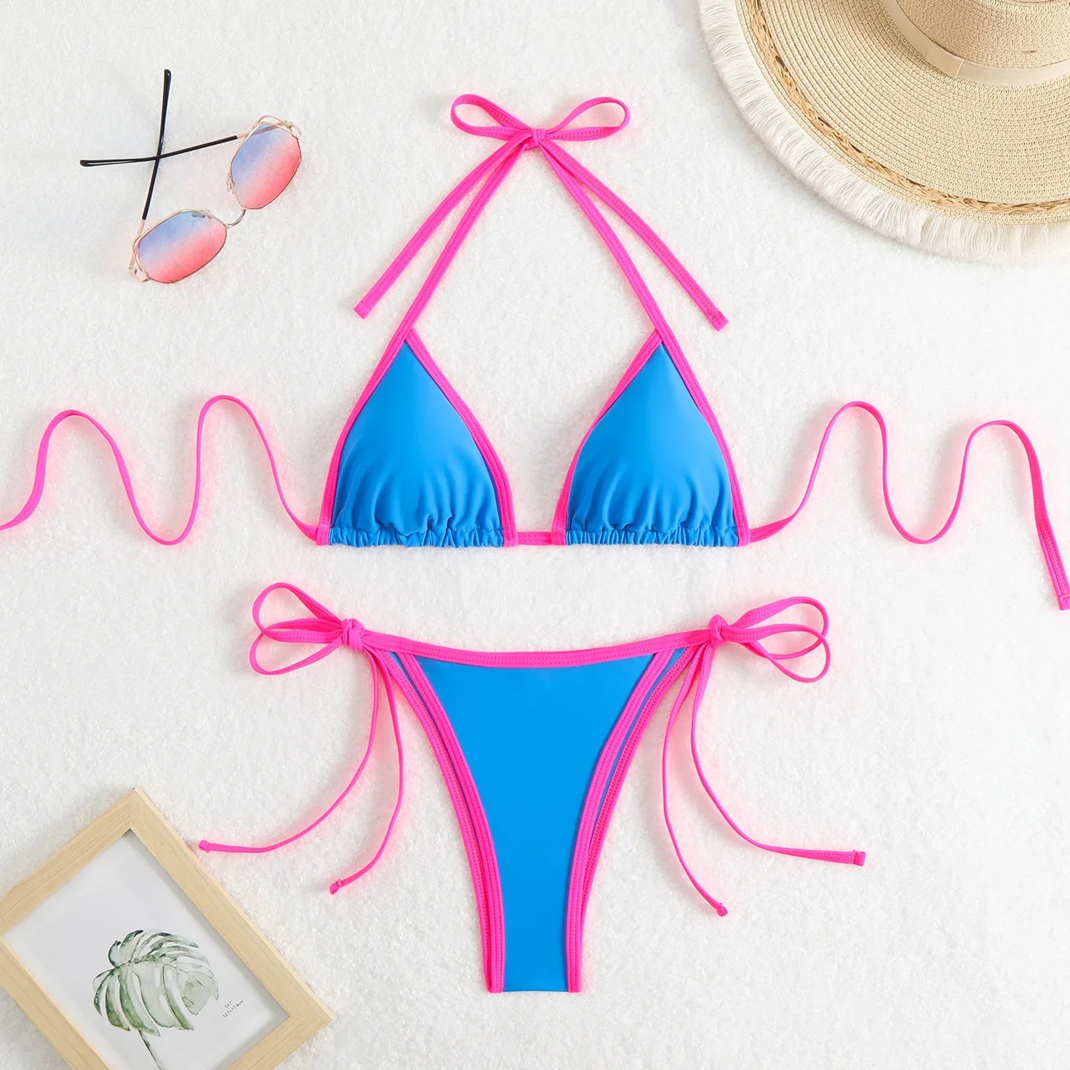 Sexy Micro Bikini 2025 Women Pink Blue Contrast Push Up Tie Side Thong Swimsuit Brazilian Beach Bandage Bathing Suit Swimwear