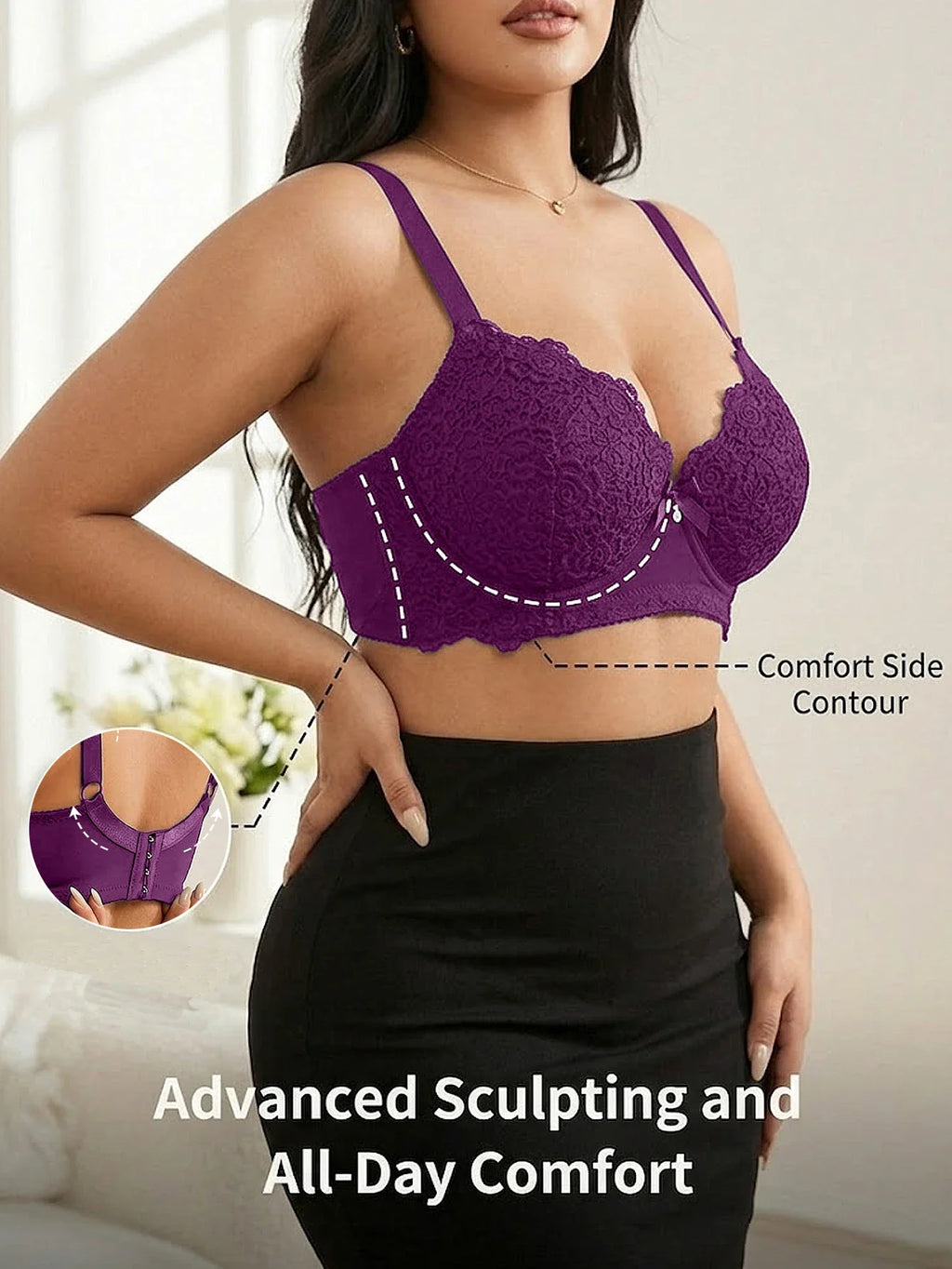 Women's Plus Size Lace Push Up Bra Underwire Side Support Anti-Sagging with Wide Adjustable Straps Brassiere