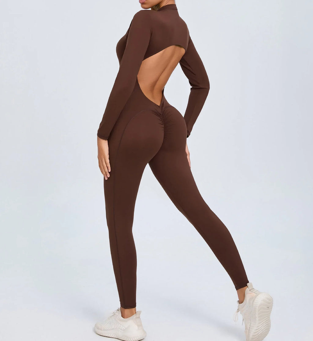 Hearuisavy Summer V Back Sports Jumpsuit Yoga Clothes Rompers Women Long Sleeveles Workout Bodysuits Backless One-piece Suit