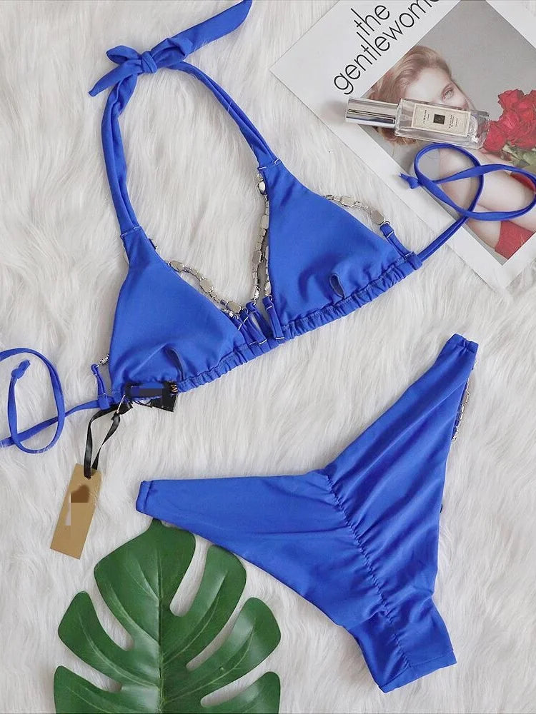 Sexy Rhinestone Bikini Set 2025 Shinny Hot Pink Push Up Thong Swimsuit Brazilian Diamond Metal Chain Beach Bathing Suit Swimwear