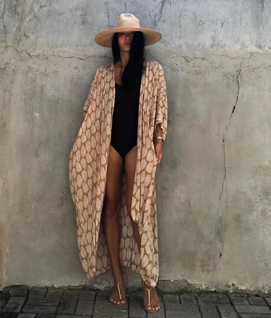 2024 New Summer Sexy Beach Kimono Swimwear Cotton Cover Up Swimsuit Women Print Bikini Cover Up Beachwear Dress Robe