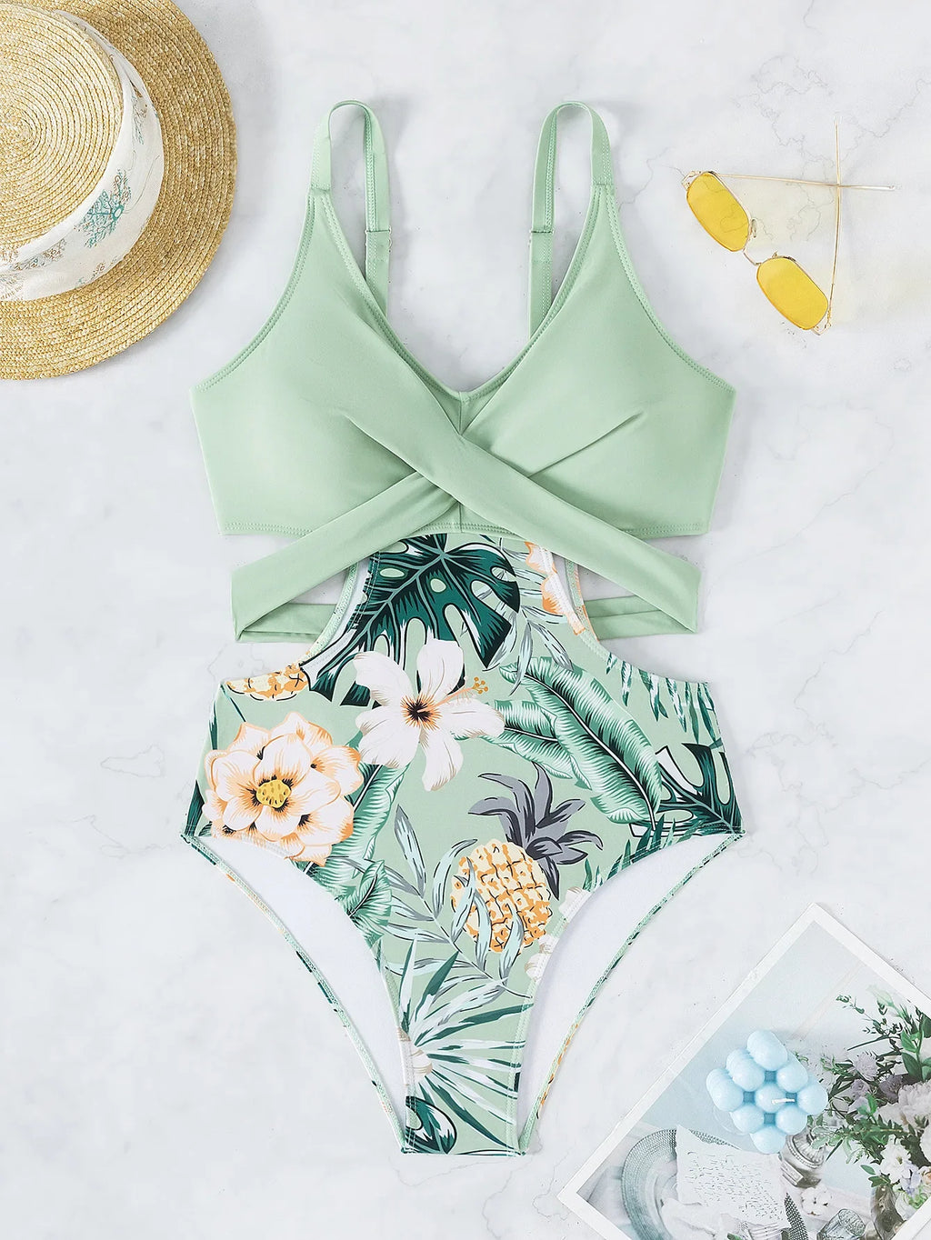 One Piece Swimsuit Women Vintage Green Floral Print Hollow Out Backless High Waist Bikini 2025 Bathing Suit Bandage Swimwear