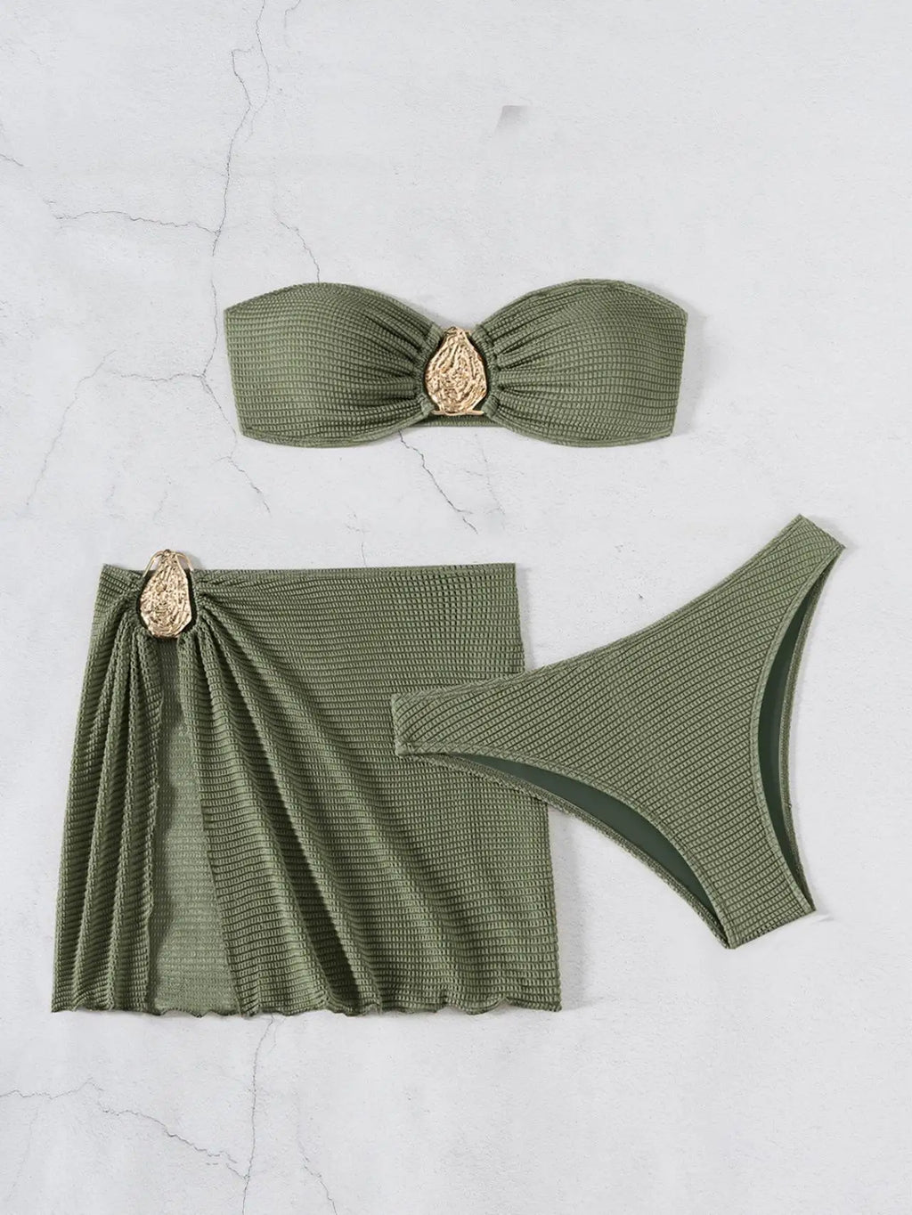 Sexy Bandeau Bikini Women Coffee Metal Water Droplet Ornament Push Up Mesh Skirt 3 Piece Swimsuit Beach Bathing Suit Swimwear