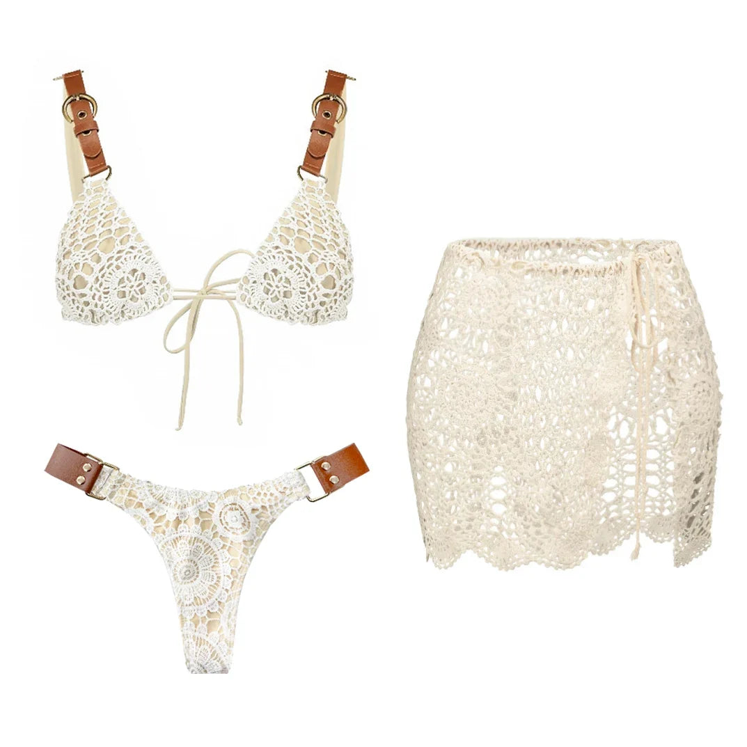 White Crochet 3Pcs Bikini Set Sexy Women Swimsuit Push Up Swimwear Brazilian Biquini Beach Skirt Micro Bikinis Bathing Suits
