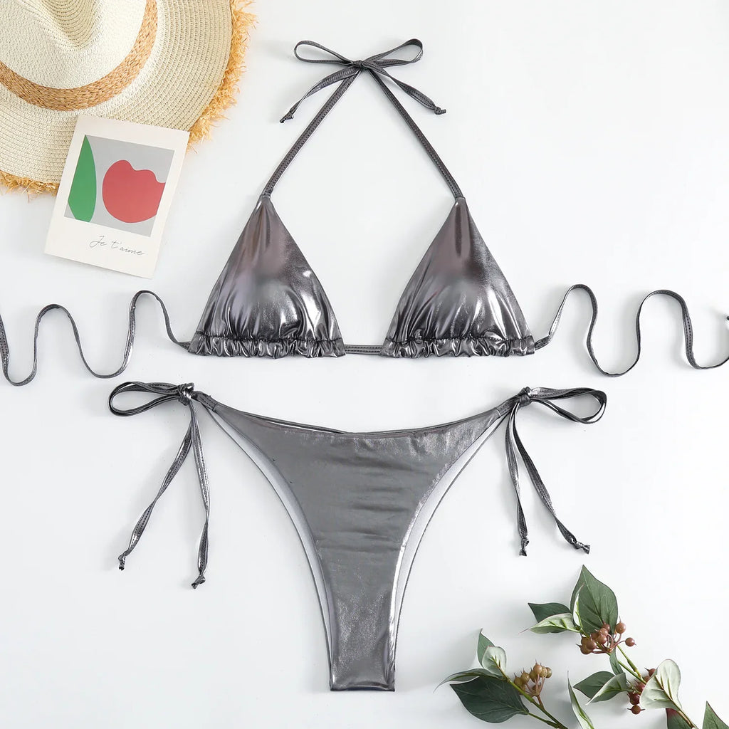 Sexy Brozing Gold Bikinis Sets Women Push Up Micro Bikini Swimsuit 2026 Brazilian Beach Bathing Suit Tie Side Triangle Swimwear