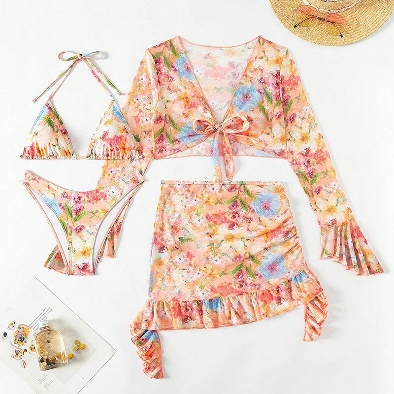 4 Piece Bikini Set Women Orange Floral Print Long Sleeve Mesh Cover Up Ruffle Skirt Swimsuit 2024 Sexy Bathing Suit Swimwear