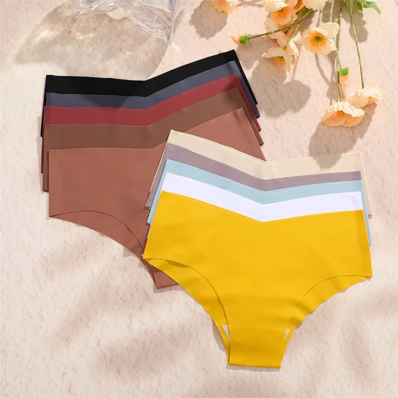 3PCS Women's Seamless Maillard Underwear Sexy V-Shaped Mid Waist Ice Silk Briefs 10 Soild Color Cozy Stretch Sexy Underpant S-XL