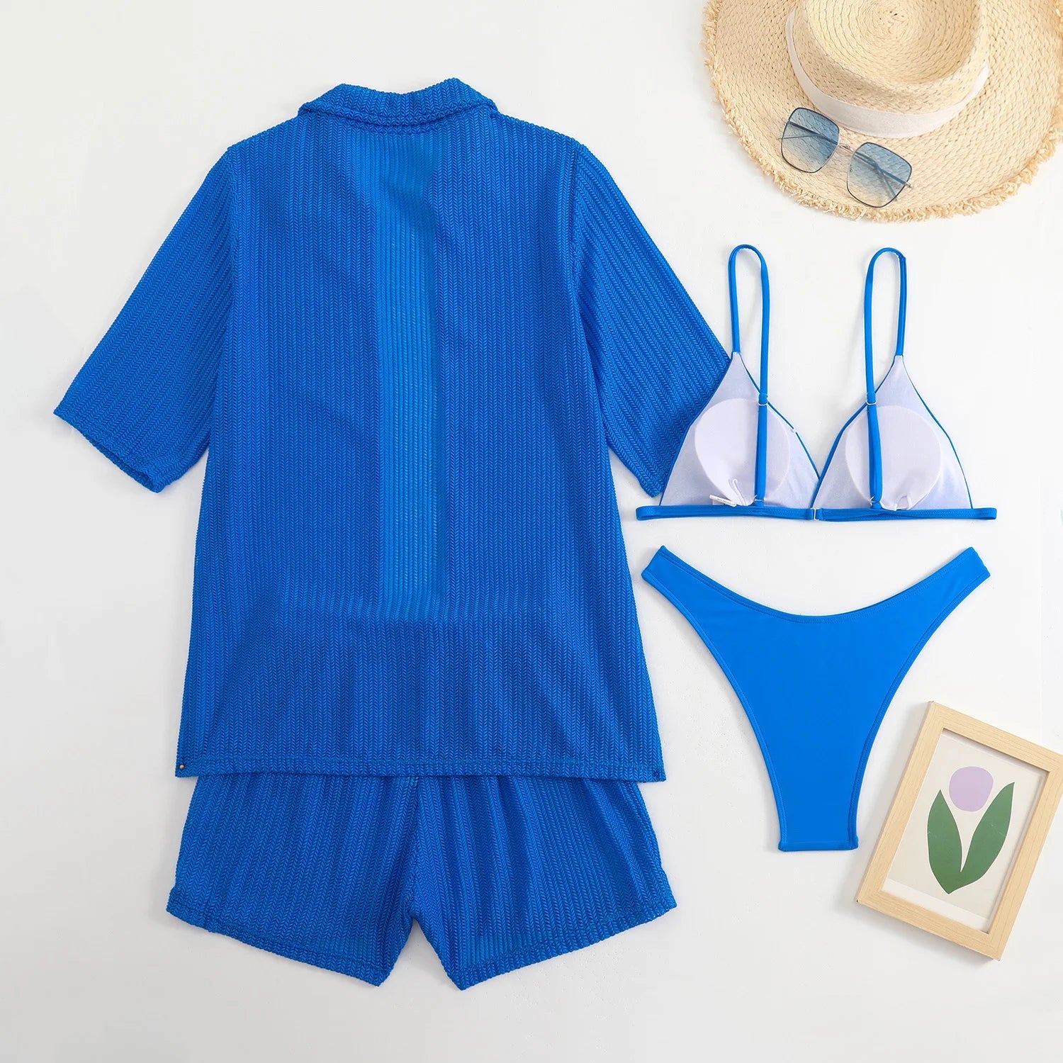 Summer 4 Piece Bikinis Sets Women Black White Mesh Half Sleeve Cover Up with High Waist Panties Swimsuit Bathing Suit Swimwear