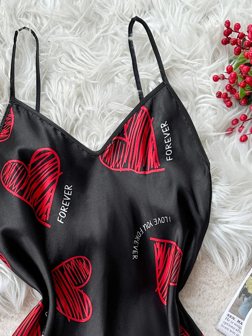 Valentine's Day Red Lip Print Satin Slip Straps Nightdress V Neck Backless Mini Sleep Dress Women's Nighties Sleepwear Dresses