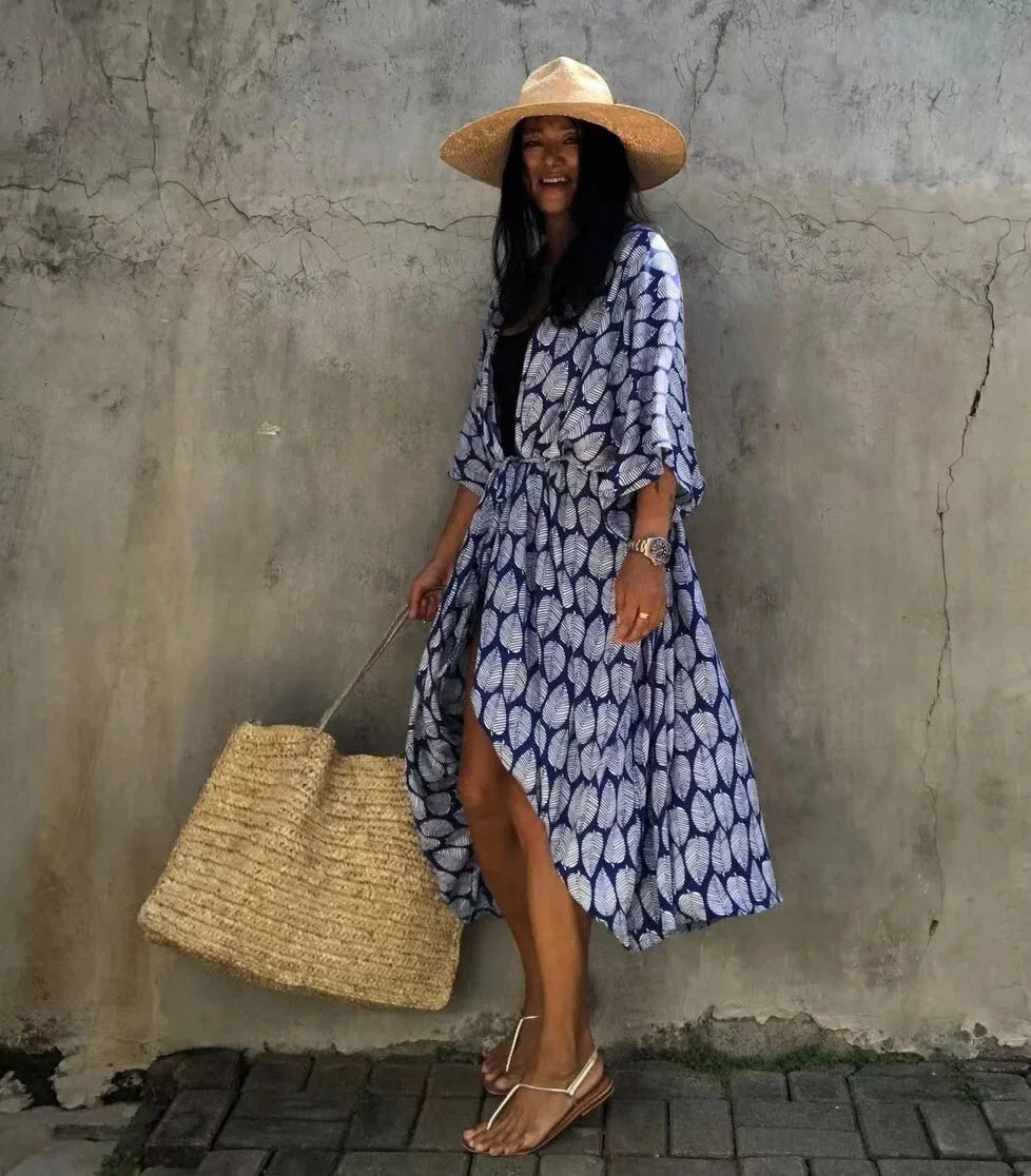 2024 New Summer Sexy Beach Kimono Swimwear Cotton Cover Up Swimsuit Women Print Bikini Cover Up Beachwear Dress Robe