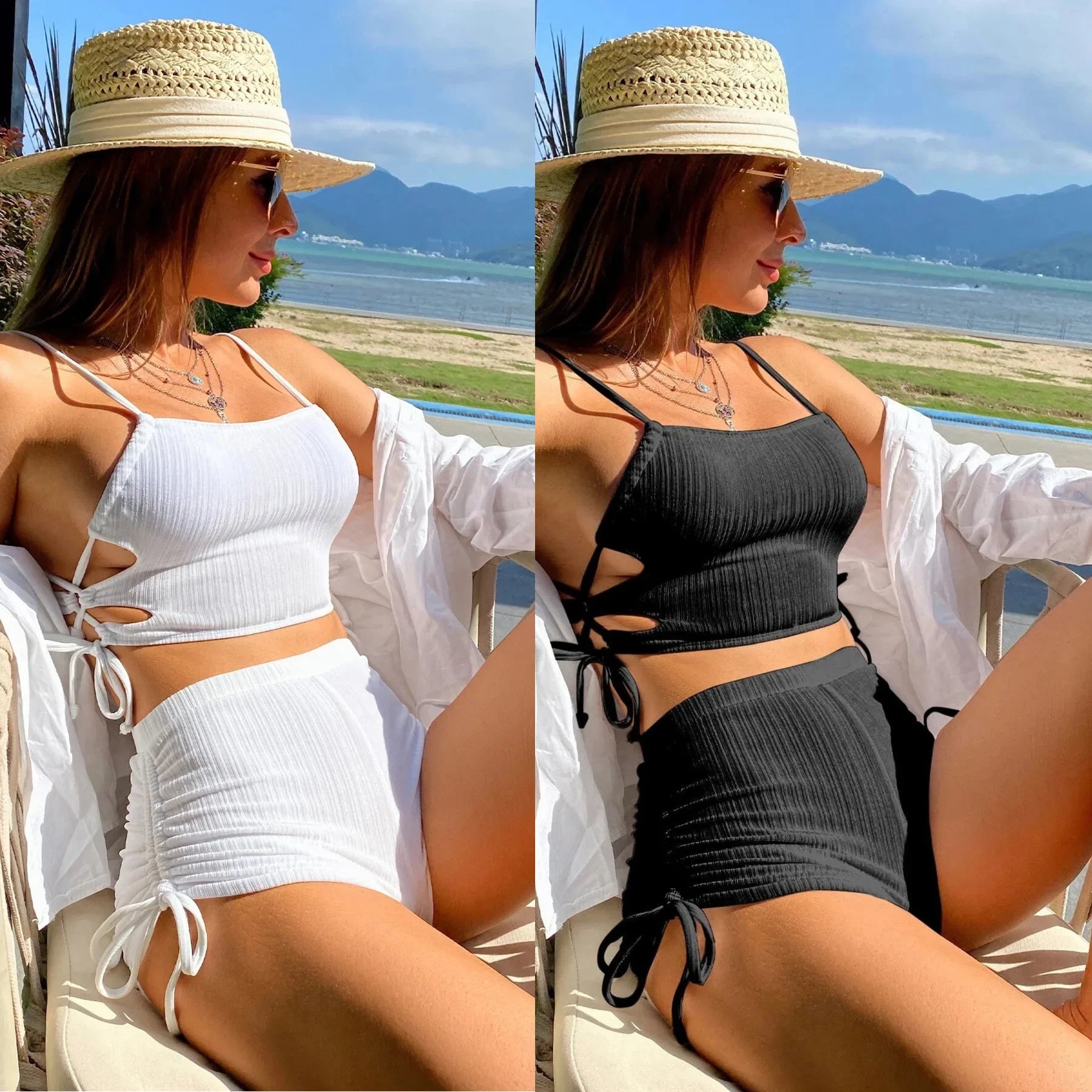 Sexy Bikini 2024 Women White Black Hollow Out Push Up Padded Two Piece Swimsuit Summer Bathing Suit Lace Up High Waist Swimwear