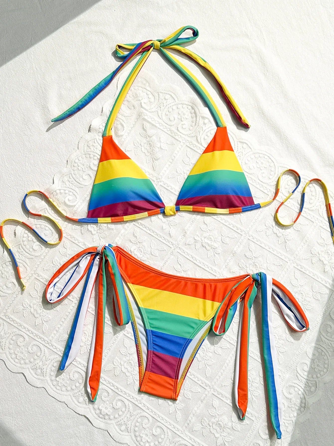 Women's Rainbow Color Bikini Set Sexy Beach Vacation Backless 2 Piece Swimsuit 2024 Summer Bathing Suit Bra Push Up Swimwear